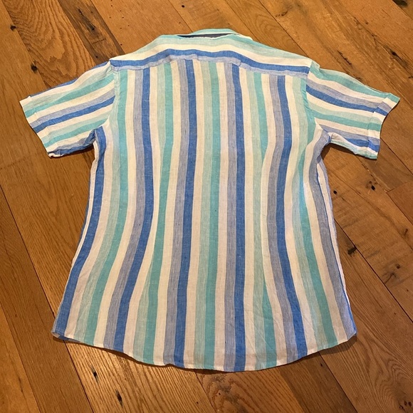 Linen Made in Italy Mediterranean Blue Stripe S/S Men’s Shirt Size LARGE - Picture 10 of 10